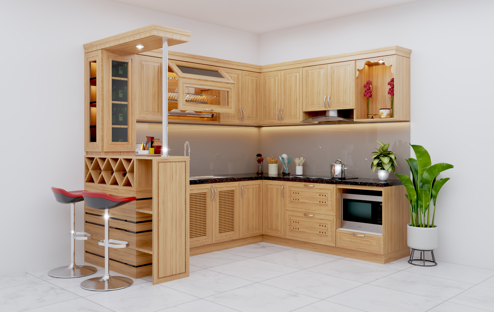 Tủ bếp cổ điển gỗ tần bì quầy Bar