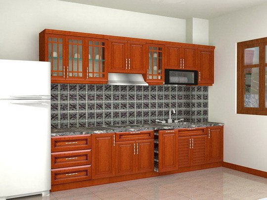 Không gian tủ bếp nhà phố gỗ cam xe chữ G
