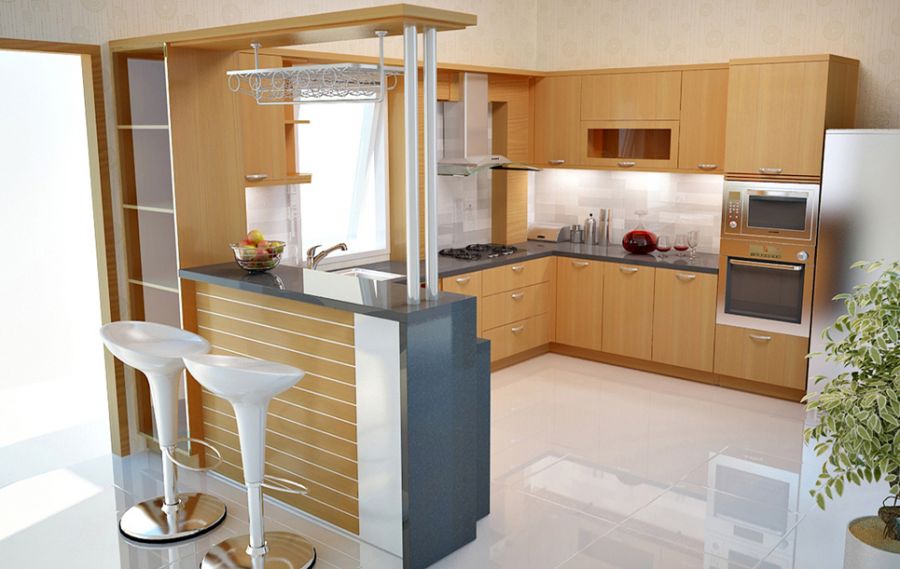Mẫu tủ bếp gỗ Laminate quầy bar đẹp, giá rẻ