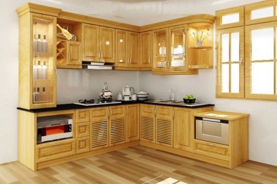 Mẫu tủ bếp gỗ Sồi Mỹ với đầy đủ thiết bị 