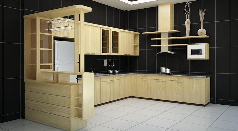 Tủ bếp chung cư gỗ sồi Nga có quầy bar