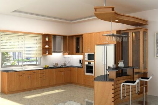 Mẫu tủ bếp gỗ Sồi Nga có quầy bar cho nhà phố tham khảo