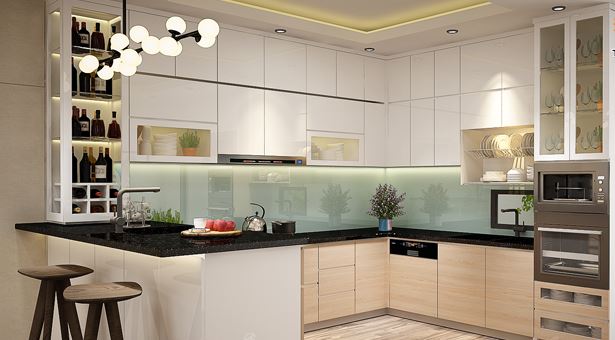 Mẫu tủ bếp chung cư Laminate chữ G giá rẻ