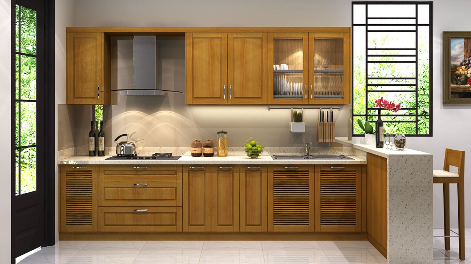 Mẫu tủ bếp gỗ Sồi Nga chữ I đơn giẩn