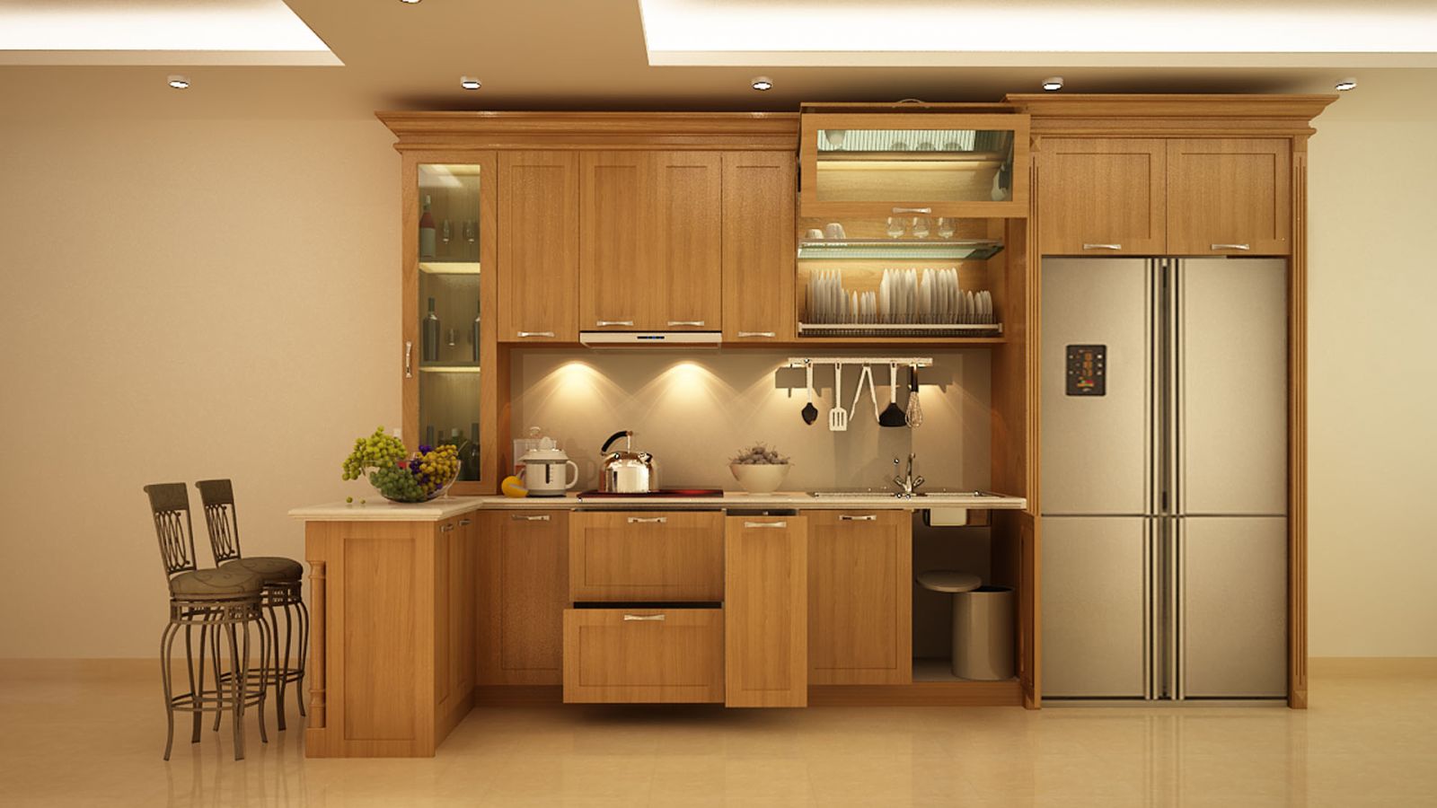 tủ bếp chung cư gỗ sồi nga chữ L