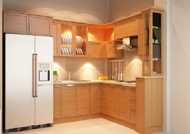 Tủ bếp gỗ Tần bì chữ L cho không gian nhỏ