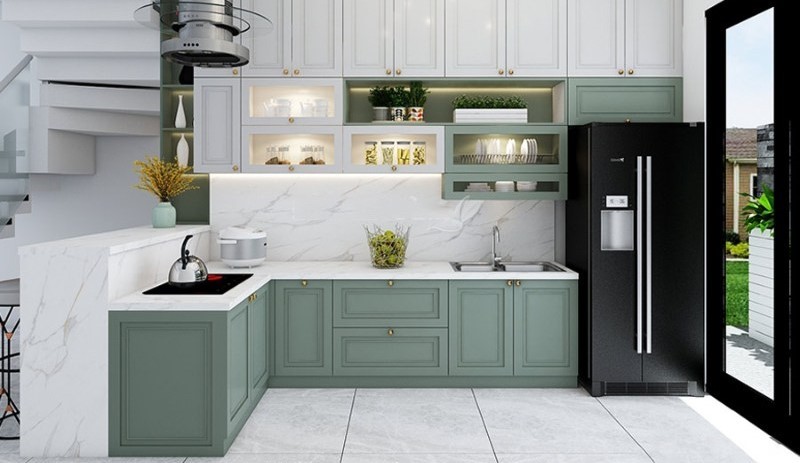 Tủ bếp cổ điển gỗ sồi chữ L cao cấp