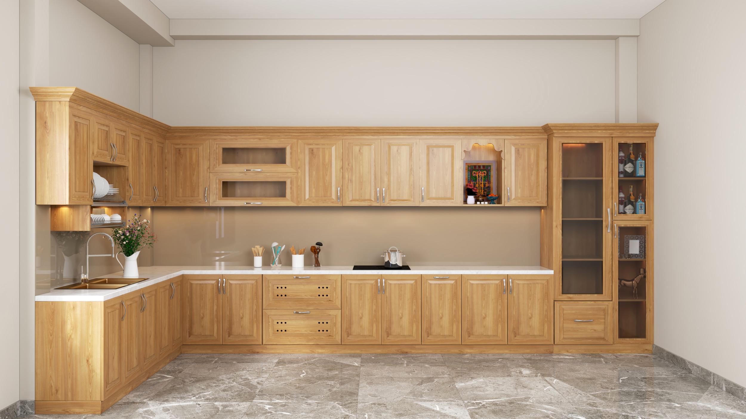 Tủ bếp đẹp gỗ sồi nga chữ L