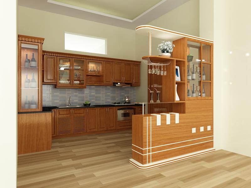 Tủ bếp chung cư gỗ xoan đào quầy bar